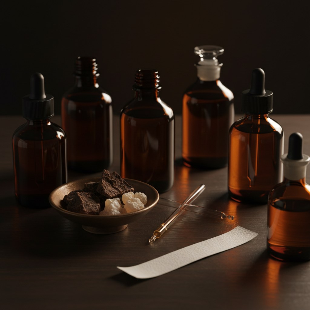 İleri seviye usta seans masasında amber ve reçine flakonları